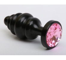 Черная фигурная анальная пробка с розовым кристаллом - 8,2 см. (розовый)