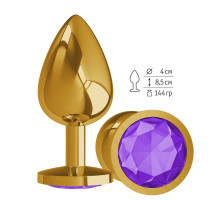 Золотистая большая анальная пробка с фиолетовым кристаллом - 9,5 см. (фиолетовый)