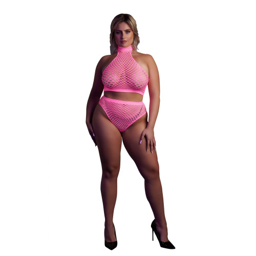 Эффектный розовый комплект Turtle Neck and High Waist Slip (розовый|XL-4XL)