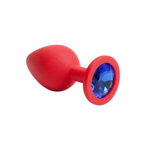 Красная силиконовая анальная пробка с синим стразом - 8,2 см. (синий)