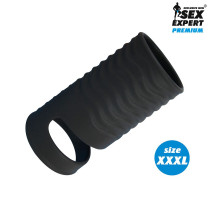 Черная открытая насадка на пенис с кольцом для мошонки XXXL-size - 9,9 см. (черный)