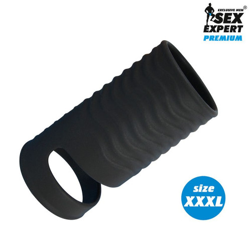 Черная открытая насадка на пенис с кольцом для мошонки XXXL-size - 9,9 см. (черный)