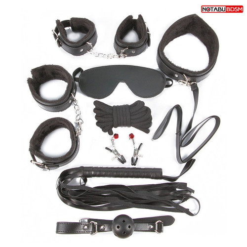 Большой игровой набор БДСМ: наручники, оковы, маска, кляп, плеть, ошейник с поводком, верёвка, зажимы для сосков (черный)