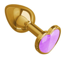 Золотистая анальная пробка с сиреневым кристаллом-сердцем - 7 см. (розовый)
