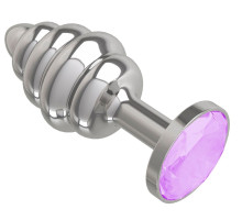 Серебристая спиралевидная анальная пробка с сиреневым кристаллом - 7 см. (розовый)