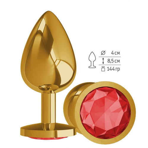 Золотистая большая анальная пробка с красным кристаллом - 9,5 см. (красный)