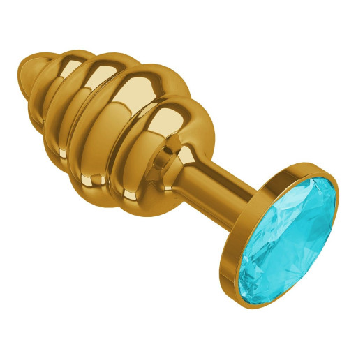 Золотистая пробка с рёбрышками и голубым кристаллом - 7 см. (голубой)