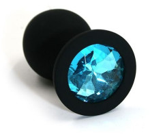 Чёрная силиконовая анальная пробка с голубым кристаллом - 7 см. (голубой)