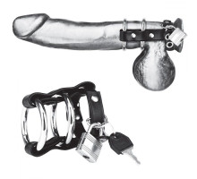 Двойное металлическое кольцо на пенис с замком на ремне (черный с серебристым)