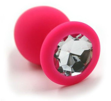 Розовая силиконовая анальная пробка с прозрачным кристаллом - 7 см. (прозрачный)