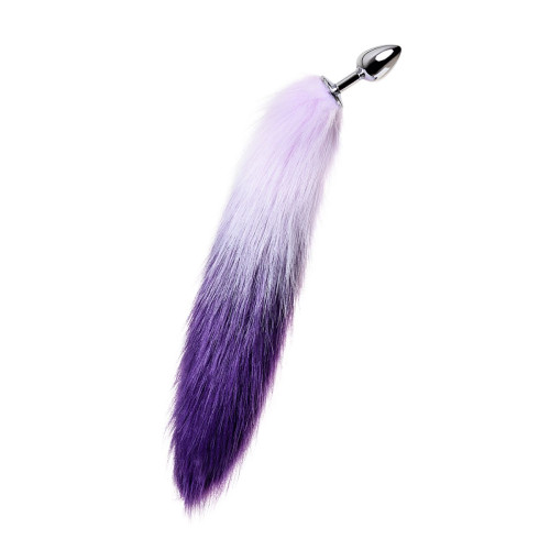 Серебристая металлическая анальная втулка с фиолетово-белым хвостом - размер S (серебристый)