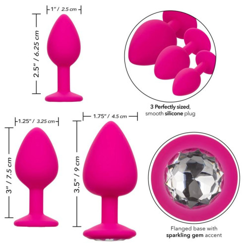 Набор из трёх розовых анальных пробок с кристаллом Cheeky Gems (розовый)