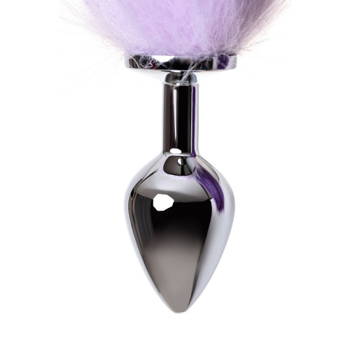 Серебристая металлическая анальная втулка с фиолетово-белым хвостом - размер M (серебристый)