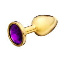 Золотистая анальная пробка с фиолетовым кристаллом - 8,5 см. (фиолетовый)