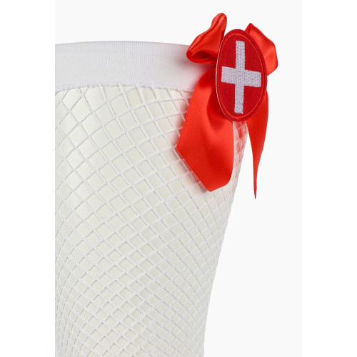 Чулки медсестры в сетку с бантиками (белый с красным|S-M)