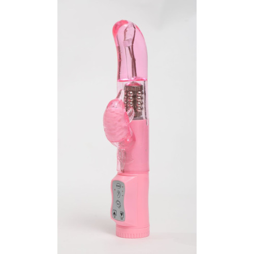 Розовый вибратор с изогнутой головкой и ротацией - 21,5 см. (розовый)