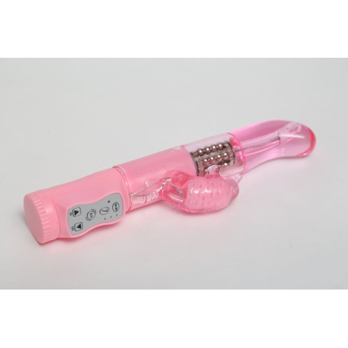 Розовый вибратор с изогнутой головкой и ротацией - 21,5 см. (розовый)