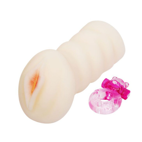 Мастурбатор-вагина с вибрацией от съёмного кольца - 14 см. (телесный)