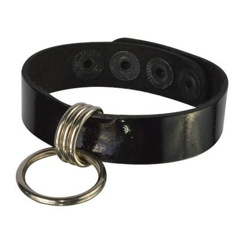 Черный лаковый кожаный браслет с подвесным колечком (черный)