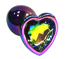 Анальная пробка цвета неохром с радужным кристаллом в форме сердца - 7 см. (разноцветный)