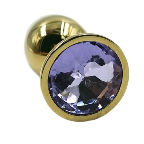 Золотистая алюминиевая анальная пробка с светло-фиолетовым кристаллом - 6 см. (фиолетовый)