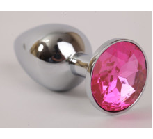 Серебряная металлическая анальная пробка с розовым стразиком - 9,5 см. (розовый)