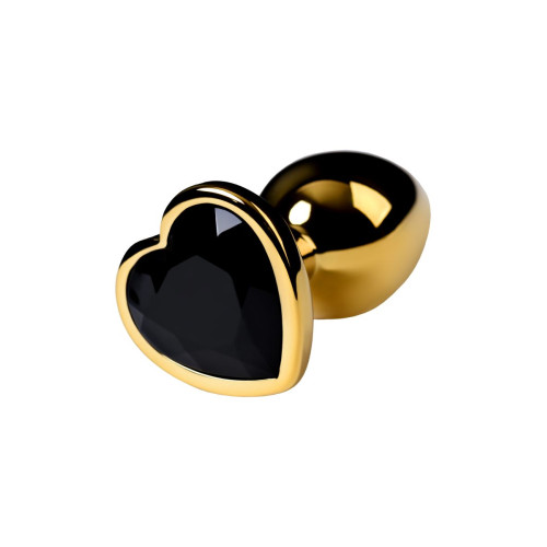 Золотистая коническая анальная пробка с черным кристаллом-сердечком - 7 см. (черный)