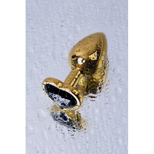 Золотистая коническая анальная пробка с черным кристаллом-сердечком - 7 см. (черный)