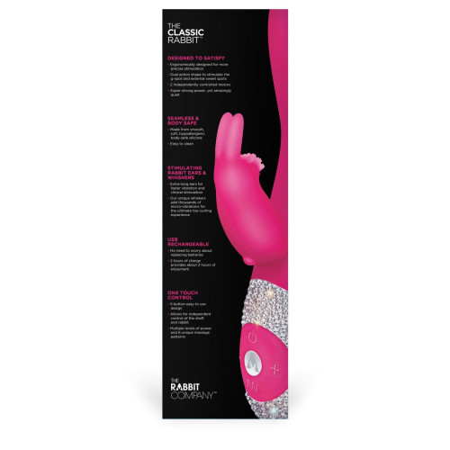 Ярко-розовый вибромассажёр с клиторальным отростком и отделанной стразами рукоятью The Classic Rabbit - 22 см. (ярко-розовый)