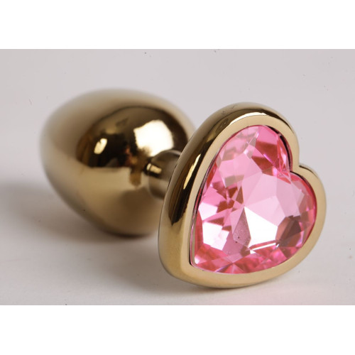 Золотистая анальная пробка с розовым стразиком-сердечком - 9 см. (розовый)