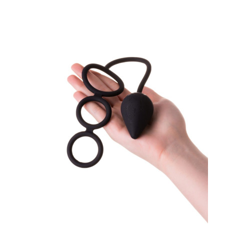 Тройное эрекционное кольцо с анальным хвостом Drop M-size (черный)