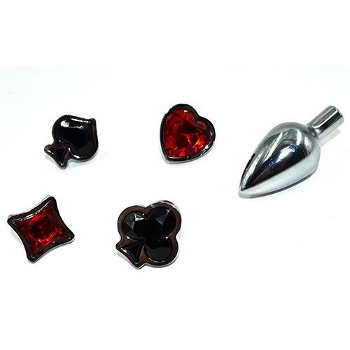 Набор из серебристой анальной пробки из нержавеющей стали и 4 кристаллов в форме мастей - 7,6 см. (черный с красным)