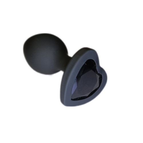 Черная силиконовая анальная пробка с основанием в виде сердечка со стразом - 7,5 см. (черный)