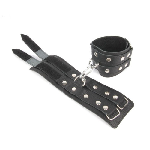 Черные широкие кожаные наручники с заклепками на карабине (черный)