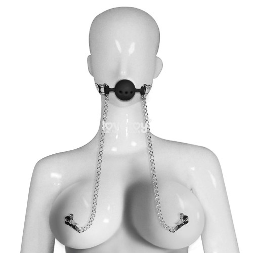 Серебристо-черный кляп с зажимами на соски Breathable Ball Gag With Nipple Clamp (серебристый с черным)