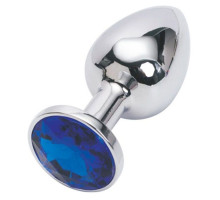 Серебряная металлическая анальная пробка с синим стразиком - 7,6 см. (синий)