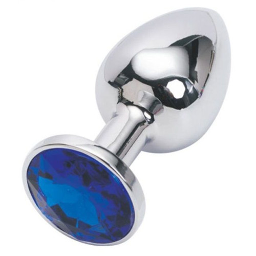 Серебряная металлическая анальная пробка с синим стразиком - 7,6 см. (синий)