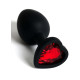 Черная анальная силиконовая пробка с красным стразом-сердцем - 7,5 см. (красный)