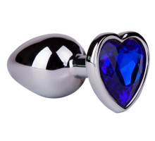 Серебристая анальная втулка с синим кристаллом-сердцем - 7 см. (синий)