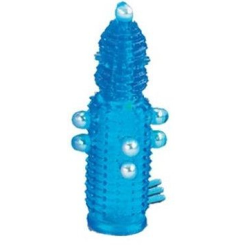 Голубая эластичная насадка на пенис с жемчужинами, точками и шипами Pearl Stimulator - 11,5 см. (голубой)