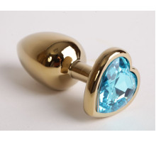 Золотистая анальная пробка с голубым кристаллом-сердцем - 9 см. (голубой)