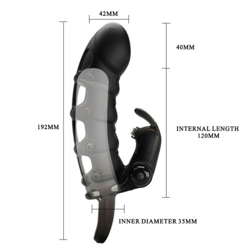 Черная закрытая насадка с подхватом мошонки и стимулятором клитора - 19,2 см. (черный)