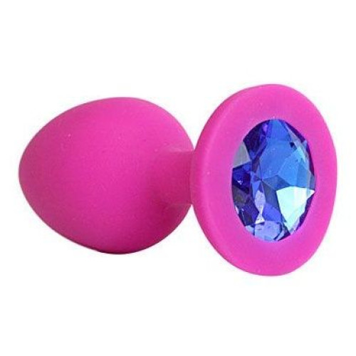Ярко-розовая анальная пробка с синим кристаллом - 9,5 см. (синий)