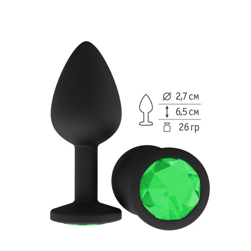 Чёрная анальная втулка с зеленым кристаллом - 7,3 см. (зеленый)