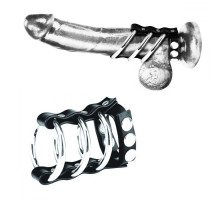 Тройное металлическое кольцо на пенис с регулируемым ремешком (черный с серебристым)