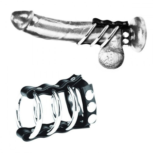 Тройное металлическое кольцо на пенис с регулируемым ремешком (черный с серебристым)