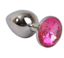 Серебряная металлическая анальная пробка с розовым стразиком - 7,6 см. (розовый)