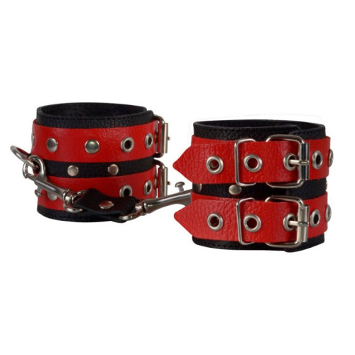 Красно-чёрные наручники из кожи (красный с черным)