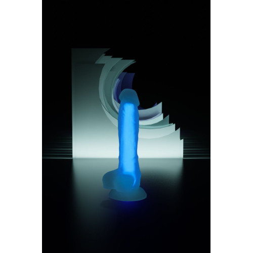 Прозрачно-синий фаллоимитатор, светящийся в темноте, Bruce Glow - 22 см. (синий)