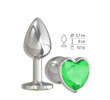 Серебристая анальная втулка с зеленым кристаллом-сердцем - 7 см. (зеленый)
